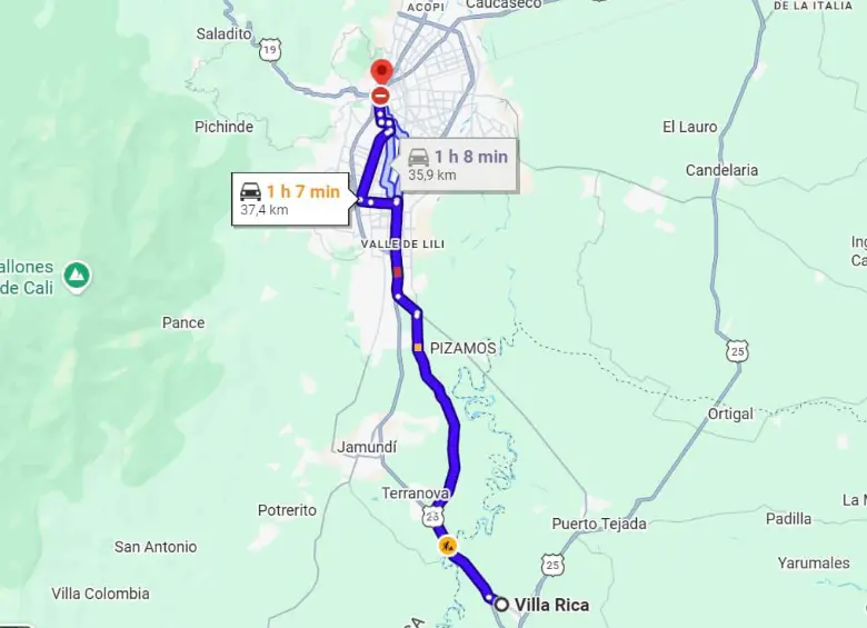 Así se ve la distancia que hay entre el muncipio de Villa Rica y Cali. FOTO: Google Maps. 