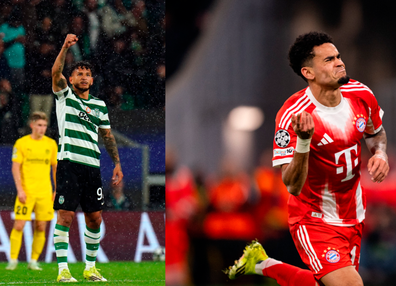 Luis Suárez y Luis Díaz en el festejo de sus goles de octavos de Champions. FOTO: GETTY y X BAYERN MUNICH