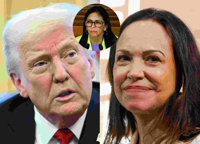 Donald Trump, presidente de EE. UU. junto a la líder opositora venezolana María Corina Machado y la presidenta interina Delcy Rodríguez. Fotos: AFP