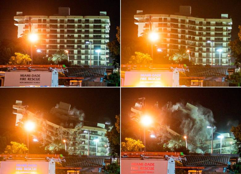 Secuencia de la demolición total del Champlain Towers South, en Surfside, Florida, tras el colapso que sufrió el 24 de junio. FOTO: AFP