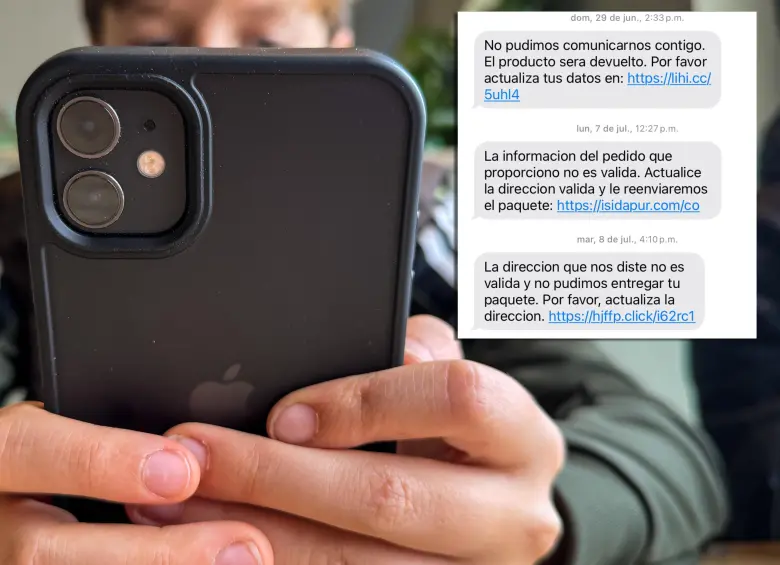 Ejemplo de mensaje falso que simula ser una notificación de entrega para engañar al usuario y obtener sus datos personales. FOTO GETTY-EL COLOMBIANO