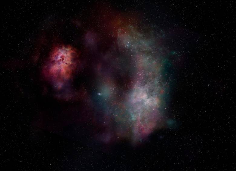 Representación artística que simula el polvo y las líneas moleculares del monóxido de carbono y el agua observadas en la galaxia SPT0311-58. Foto: Cortesía Alma