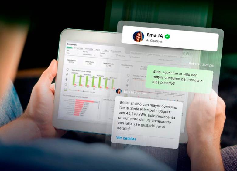 La interfaz de NOVA+Ema muestra consumos y variaciones en tiempo real. La plataforma fue creada por Energy Master, un emprendimiento antioqueño con presencia en siete países. FOTO cortesía Energy Master