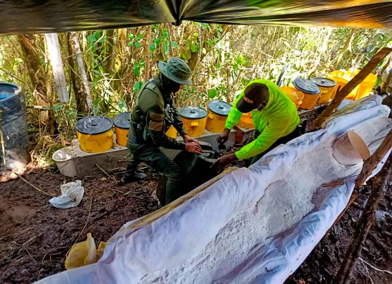 El laboratorio estaba camuflado en medio de la vegetación en un área rural y dipuesto en chozas cubiertas por plásticos. FOTO: CUARTA BRIGADA