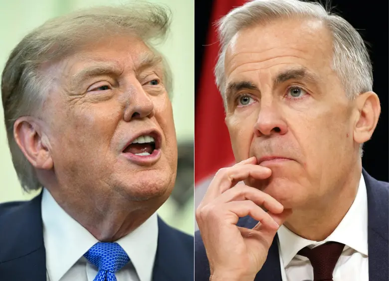 El presidente estadounidense Donald Trump y el primer ministro canadiense Mark Carney no han dado el brazo a torcer y han escalado la guerra comercial entre sus países. Foto: AFP