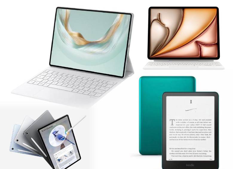 Estas son las cuatro tablets y el e-reader más destacados de 2025: Huawei MatePad Pro 12.2, iPad Air 13” M3, Samsung Galaxy Tab S10+ y Amazon Kindle Paperwhite Signature Edition. FOTOS cortesía