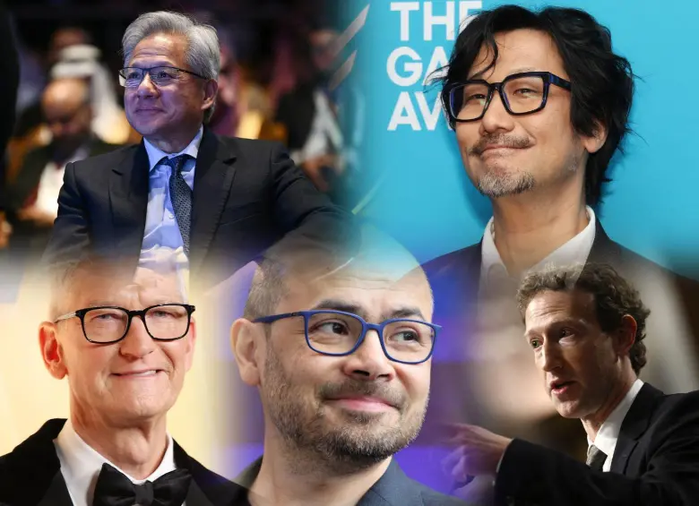 Cinco visiones distintas: Jensen Huang, Hideo Kojima, Tim Cook, Demis Hassabis y Mark Zuckerberg representan los caminos con los que la industria tecnológica redefinió su rumbo este año. FOTOS AFP