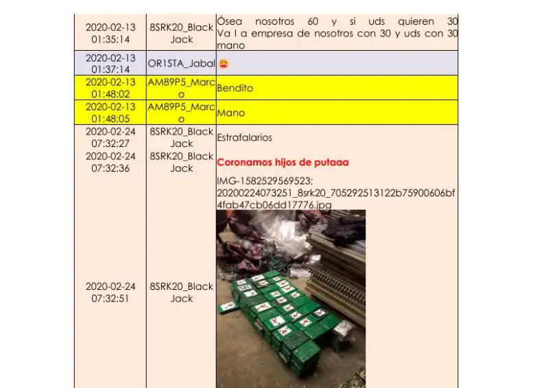 En este chat la banda celebró que un cargamento de cocaína llegó a su destino en Europa, superando los controles aduaneros. FOTO cortesía