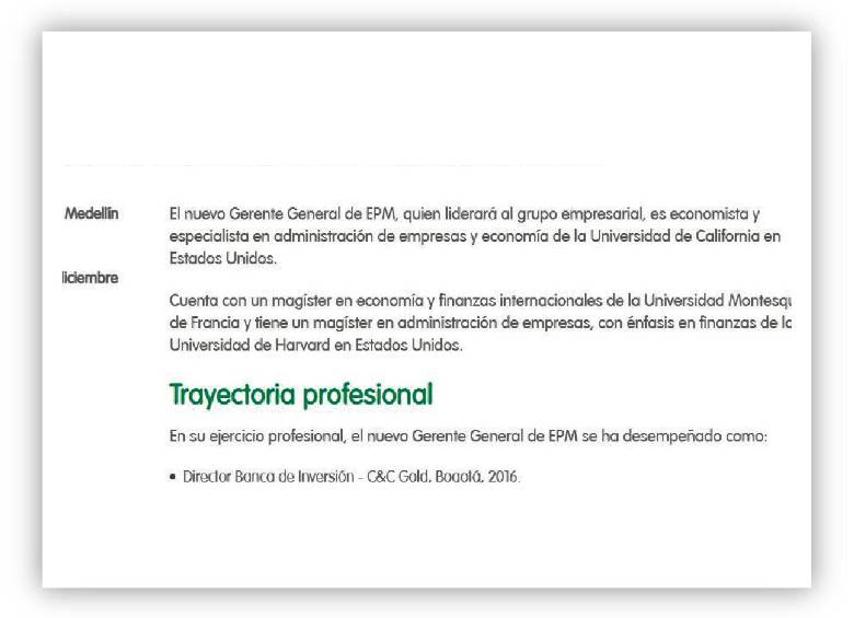 Información en página web de EPM sobre el perfil profesional de Calderón Chatet, que habla de la Universidad de California. 