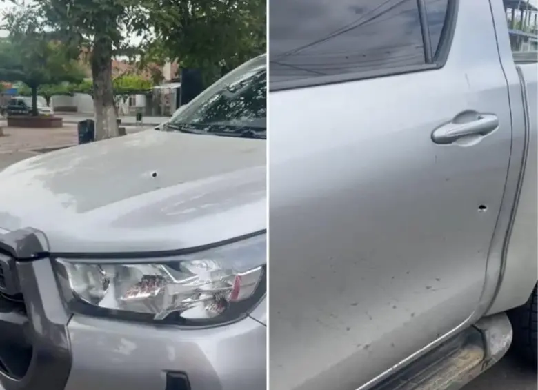 El vehículo blindado de su esquema de protección recibió varios impactos de arma de fuego. FOTO: Tomado de X: @caliinforma