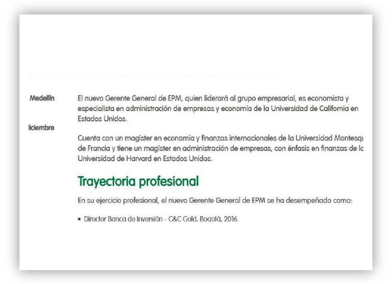 Información en página web de EPM sobre el perfil profesional de Calderón Chatet, que habla de la Universidad de California. 