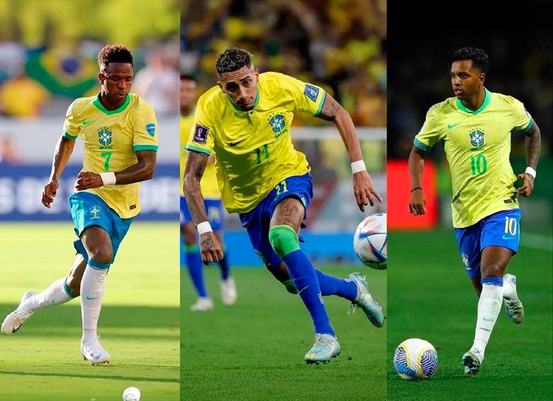 Vinícius, Raphinha y Rodrygo serían titulares en el juego de este jueves ante Colombia, si así lo dispone el técnico Dorival Junior. FOTOS: Getty