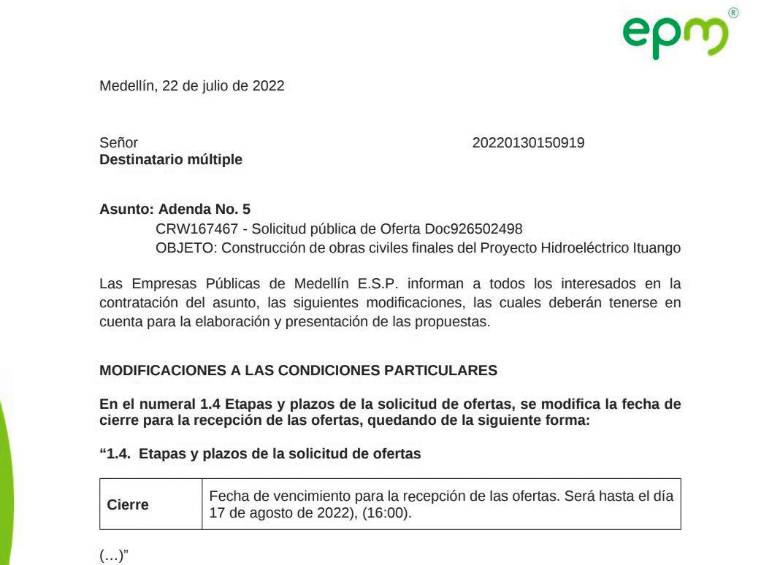 Segundo aplazamiento: cierre está para agosto 17.
