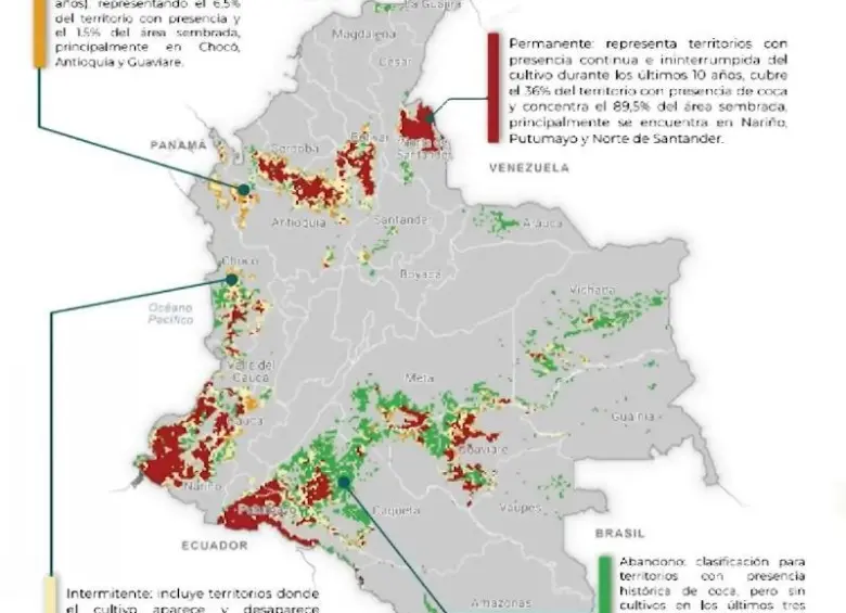 Mapa de cultivos de coca en el país. Nótese el contraste entre la zona del Nordeste y la zona del Urabá. FOTO: imagen tomada de redes.