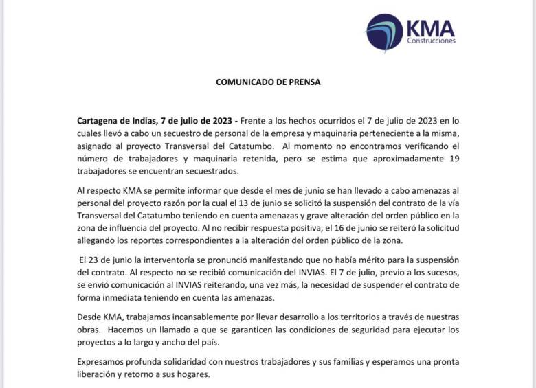 $!Al menos 19 empleados de la empresa KMA fueron secuestrados; ELN sería el responsable
