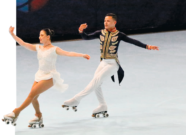 Brayan Carreño y Daniela Gerena, en acción durante su presentación de patinaje artístico en los Juegos Mundiales que terminaron el fin de semana. FOTO cortesía fedepatÍn