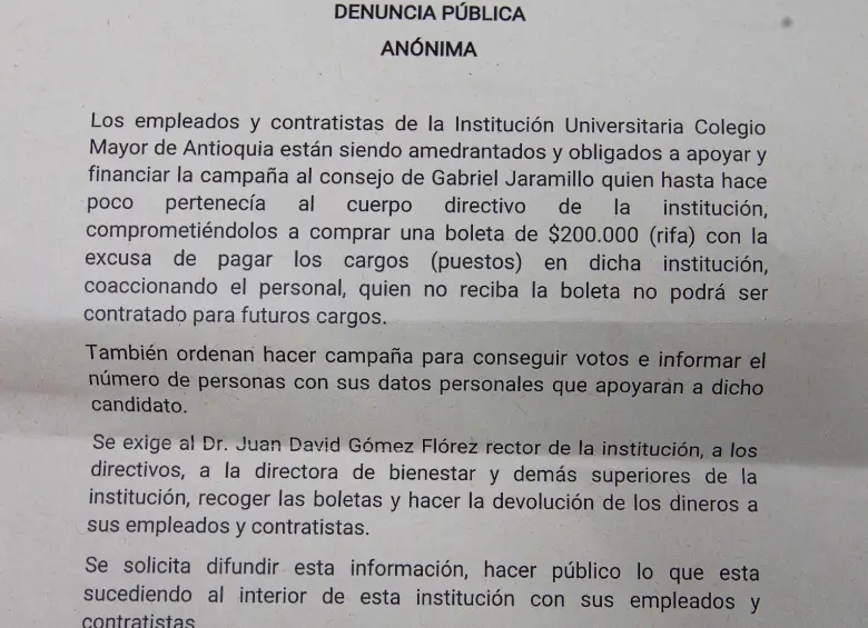 Denuncian que en el Colegio Mayor pidieron a contratistas vender boletas de $200.000 para apoyar campaña