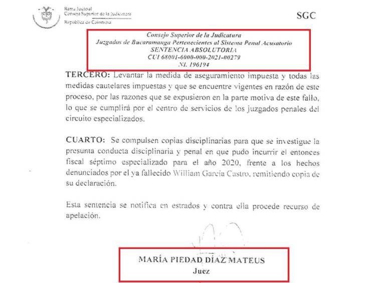 Extracto de la sentencia absolutoria en favor de alias “Pichi”. FOTO: EXTRACTO DE DOCUMENTO.