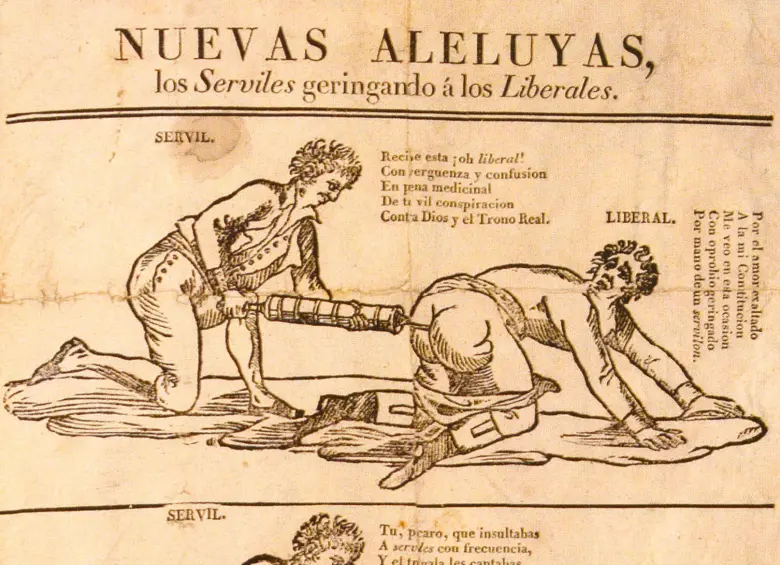 Nuevas aleluyas, los Serviles geringando á los Liberales. Xilografía anónima de 1829, considerada la primera caricatura política colombiana. Aunque no es una historieta, es el antecedente gráfico más antiguo del arte secuencial en el país. FOTO cortesía Biblioteca Nacional. Reproducida en La caricatura política en Colombia, Beatriz González, 2009