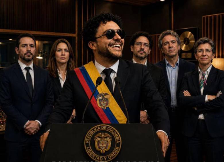 Esta es la imagen generada con inteligencia artificial publicada por Andrés Cepeda en Instagram, en la que aparece con la banda presidencial de Colombia. FOTO Instagram