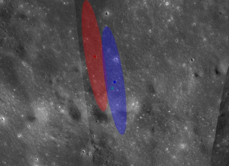 Esta imagen del Orbitador de Reconocimiento Lunar de la NASA muestra dos regiones ovaladas donde era probable que la etapa superior del Falcon 9 impactara contra la Luna, según cálculos de ingenieros del Centro de Estudios de Objetos Cercanos a la Tierra de la NASA. Ambas elipses tienen 3,4 kilómetros de largo y 0,6 kilómetros de ancho. Foto: NASA