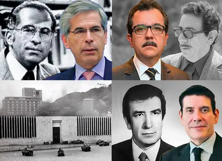 Padres e hijos unidos por la justicia: los magistrados del Palacio y sus descendientes, hoy abogados que continuaron su camino en el Derecho. FOTOS: COLPRENSA, REDES SOCIALES MEDELLÍN & DURÁN ABOGADOS, COLEGIO CLAUSTRO MODERNO, CORTESÍA