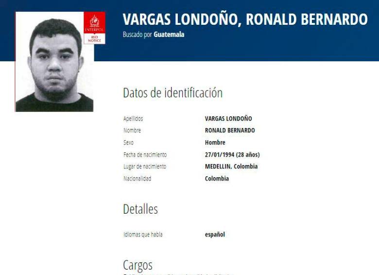 Esta es la circular roja de Interpol con la que se busca al antioqueño Ronald Vargas. 