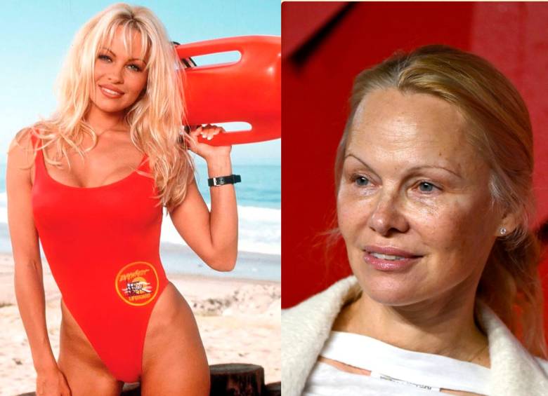 A la izquierda, Pamela Anderson, con el personaje de CJ; en Guardianes de la bahía, en los 90. A la derecha, así luce actualmente la actriz, que decidió no volver a usar maquillaje. FOTO Cortesía y Getty.