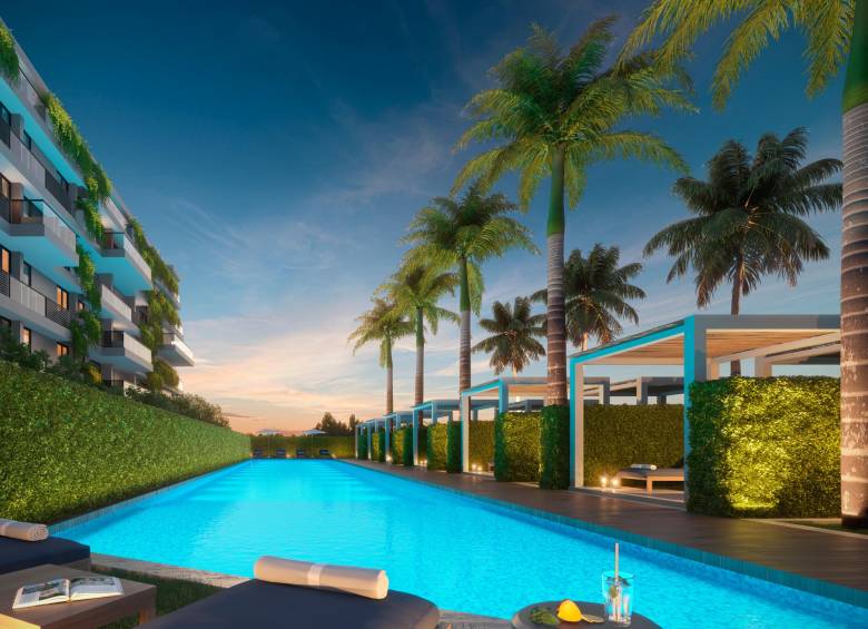 Las zonas de piscinas con oasis de palmeras son una de las características de los condominios Morros. FOTO: Cortesía