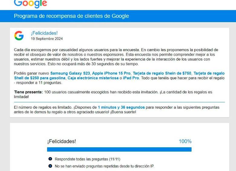 Así luce la interfaz de la página sobre una supuesta encuesta de Google que le permite a los usuarios ganar premios. FOTO: Captura de pantalla estafa