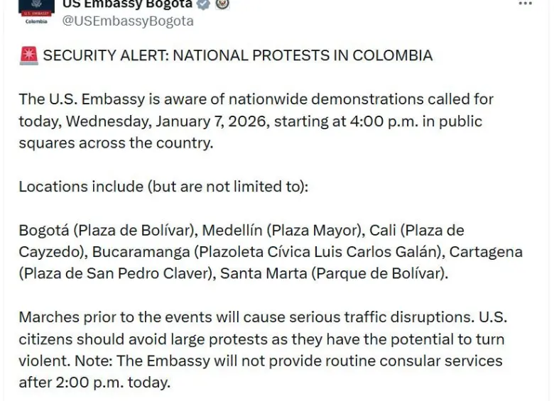 Embajada de EE. UU. lanza advertencia por manifestaciones convocadas por Petro en Colombia: “Tienen el potencial de volverse violentas”