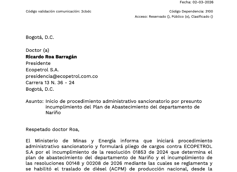 Abren proceso sancionatorio contra Ecopetrol por presuntas fallas en abastecimiento de diésel