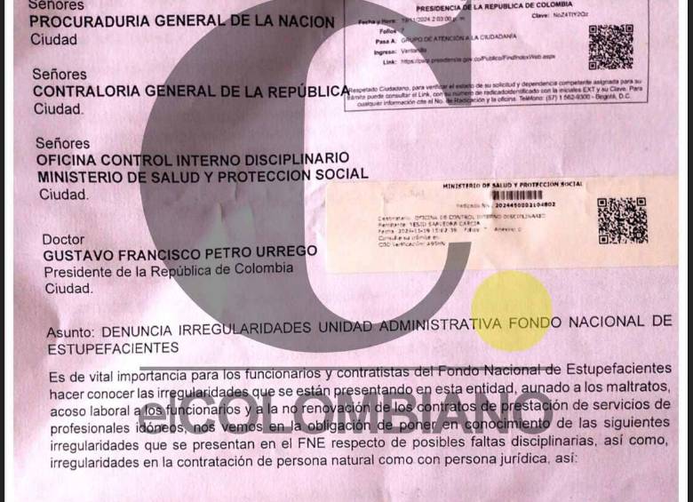 Denuncia excontratista del Fondo Nacional de Estupefacientes sobre presuntas irregularidades.