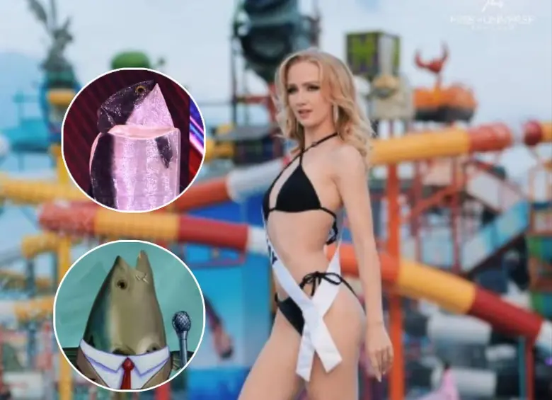 El traje de Miss Noruega, inspirado en el salmón —uno de los productos estrella de la industria noruega— generó memes y comparaciones con Bob Esponja en redes sociales durante el Miss Universo. FOTO: redes sociales. 