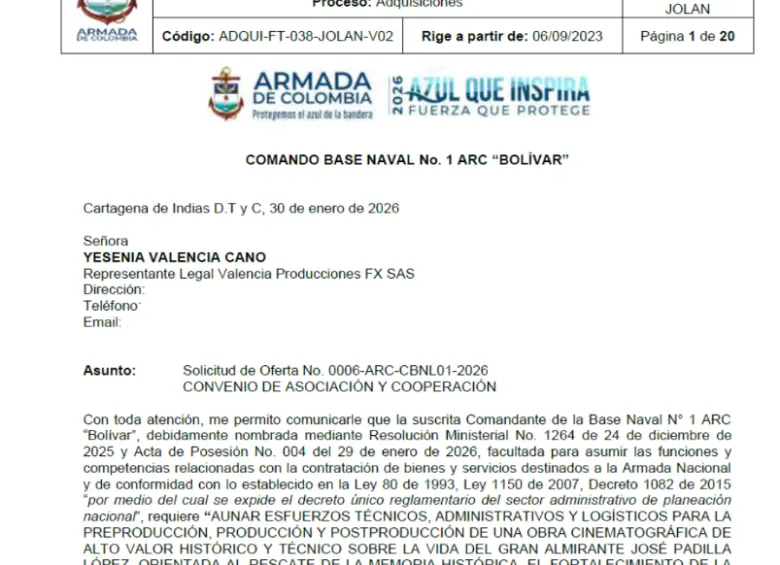 Solicitud de convenio entre la Armada Nacional y Valencia Producciones FX SAS.