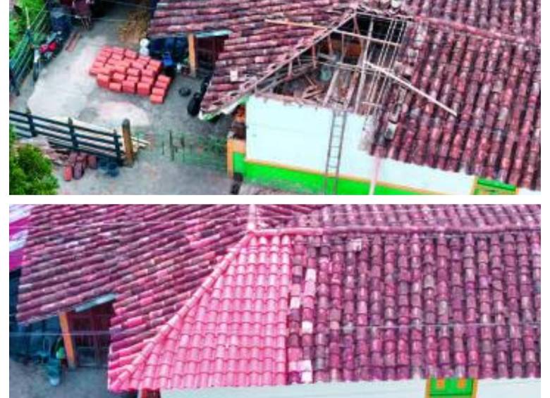 Arriba, así lucía la vivienda de Fanny Balvín, en el municipio de Caramanta, luego de que el terremoto le tumbara parte de su techo. Así quedó la casa, luego de ser una de las incluidas en el plan de reconstrucción, en el que ese municipio es uno de los primeros. FOTO Cortesía.
