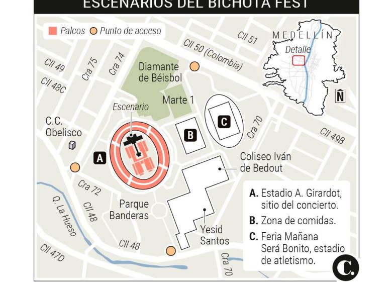 Mapa de ubicación de los escenarios y puntos de ingreso a Mañana será bonito fest. FOTO EC