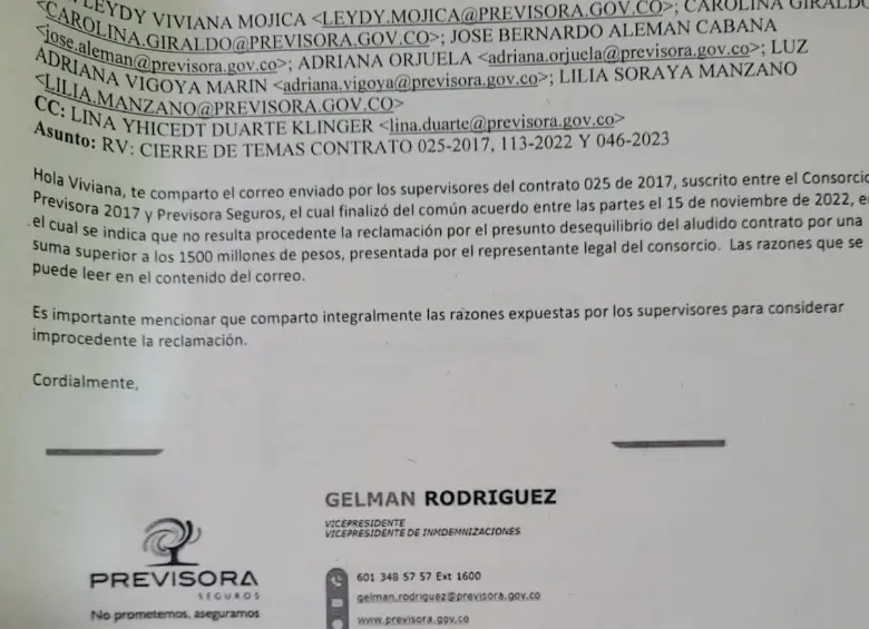 El correo del exvicepresidente de indemnizaciones oponiéndose al pago. Foto: suministrada.