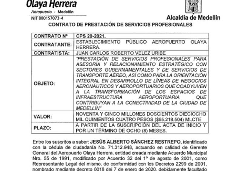 Uno de los contratos entregados a Juan Carlos Vélez.