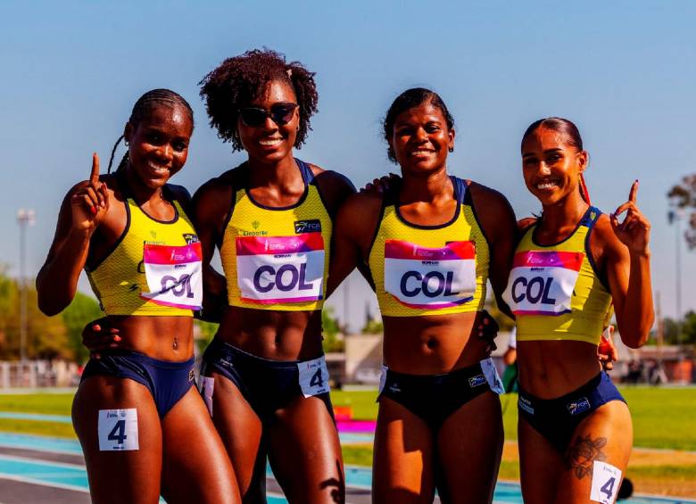 María Camila Maturana, Danna Bánquez, Angélica Gamboa y Marleth Ospino lograron oro en los 4x100 metros planos del atletismo con tiempo de 44,36 segundos. Triunfaron ante Chile (44,65) y Brasil (44,79). FOTO: PANAM SPORTS