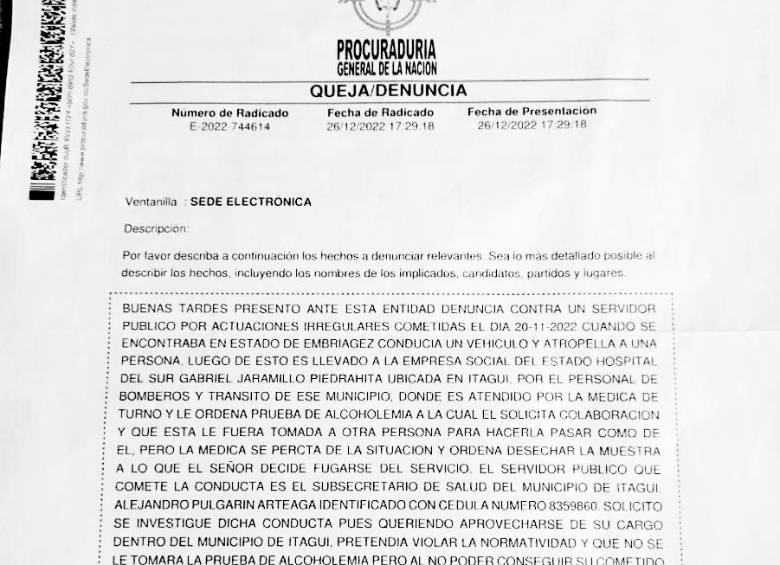 Denuncia interpuesta ante la Procuraduría contra Pulgarín.