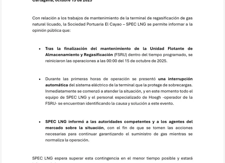 Reporte de la falla eléctrica de la planta de regasificación.