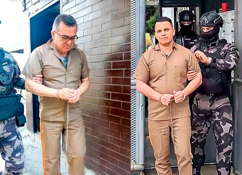 Olmedo López y Sneyder Pinilla, procesados por caso UNGR, fueron trasladados hacia la cárcel La Picota, en Bogotá, esposados de pies y manos. Foto: Captura de video