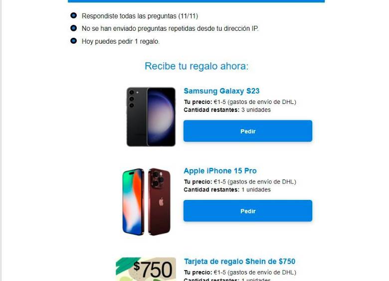 Luego de completar la supuesta encuesta, aparece una imagen con los supuestos premios a los que el usuario puede acceder, eso sí, pagando 5 euros y los gastos de envío. FOTO: Captura de pantalla estafa