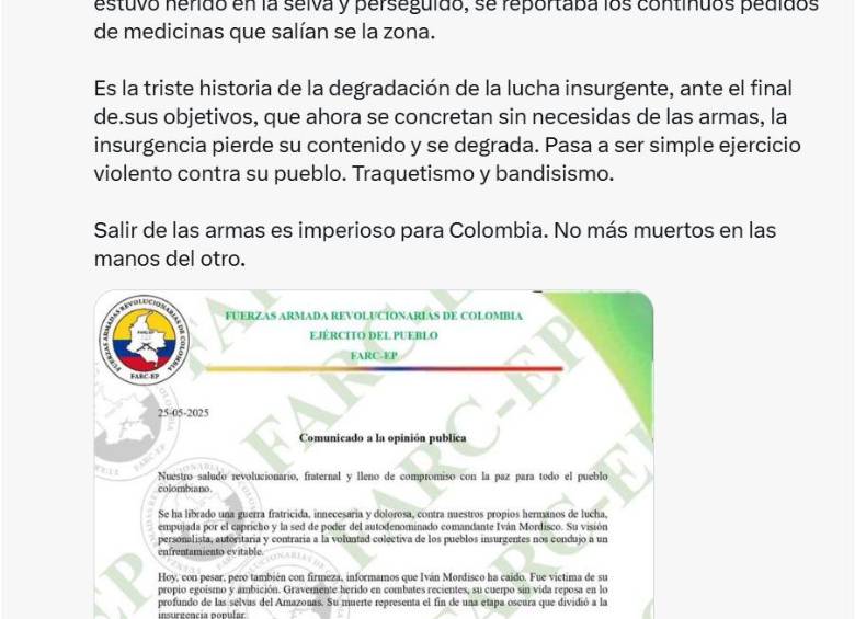 Este fue el trino sobre Mordisco que Petro borró a los minutos de publicar. Foto: Captura de pantalla.