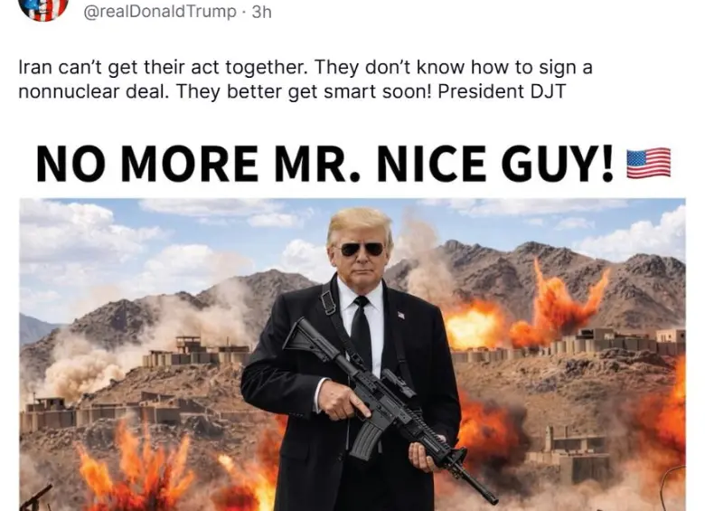 Trump criticó a Irán en Truth Social y advirtió que “más les vale espabilar pronto”, junto a una imagen generada donde aparece con un fusil y el mensaje: “Se acabó el Señor Bueno”. Foto: red social truth