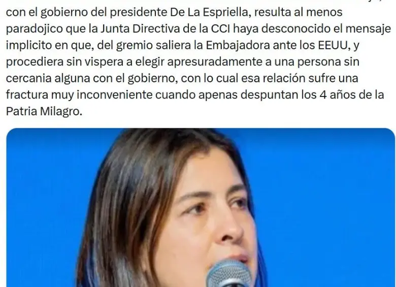 Tuit eliminado de Carolina Gómez en el que cuestionó el nombramiento de Carolina Soto como presidenta ejecutiva de la CCI. Foto: X @carogomezsn