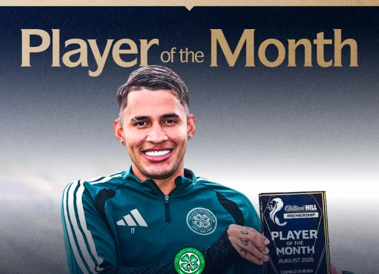 La imagen que publicó la Liga escocesa con Camilo Durán como el mejor jugador del mes de agosto. FOTO @spfl