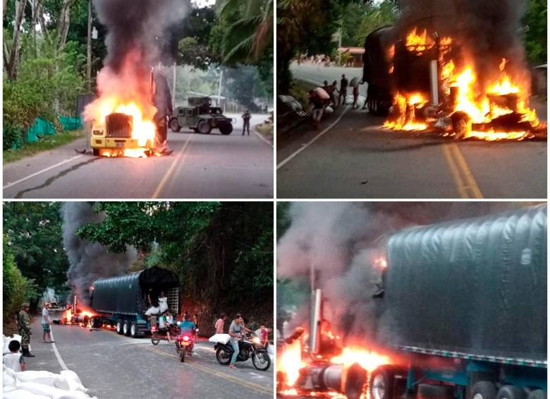 Fueron dos camiones los que quemaron en la vía a la Costa Atlántica, en jurisdicción de Valdivia. FOTO Cortesía