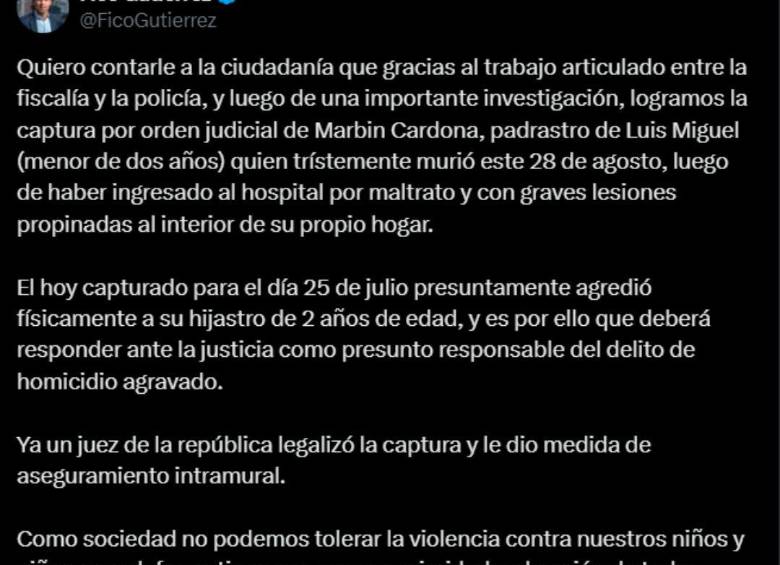 Federico Gutiérrez se pronunció en su cuenta de X sobre el caso del menor de 2 años fallecido en el Hospital General de Medellín. FOTO: Redes sociales